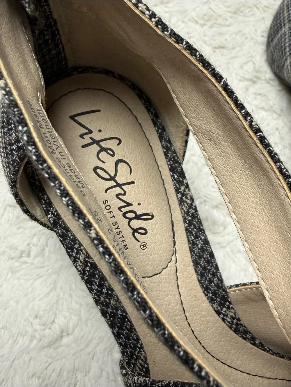 Life Stride Black & Gray Plaid Pointed T-Strap Heels with Back Zip